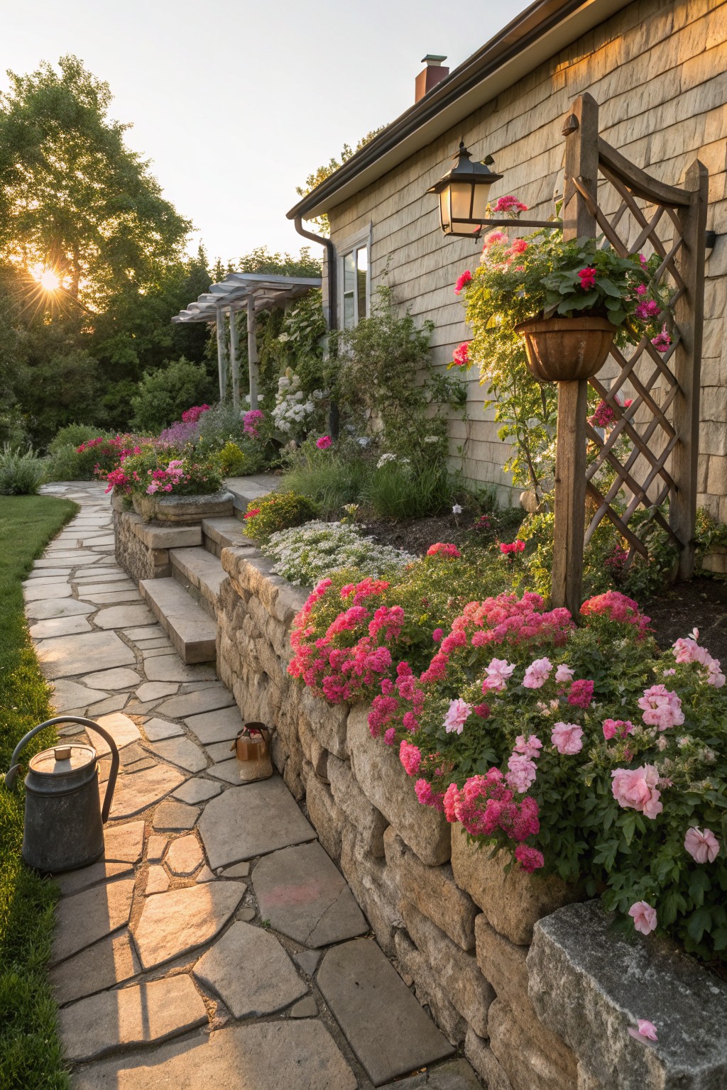 Winding flagstone path running alongside a low dry-stacked boulder retaining wall filled with pink geraniums and other flowers, leading to steps up to a shingled house with a wooden trellis, lantern, and hanging plants at sunset.
