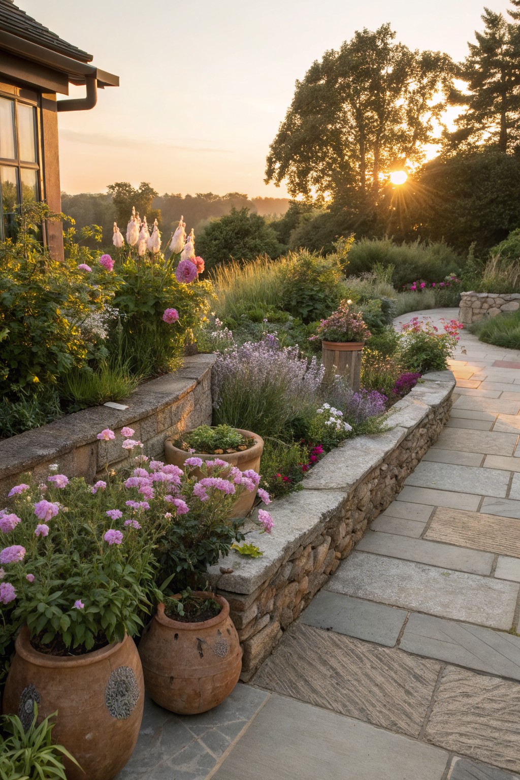 Stone retaining wall built from boulders edges a lush flower bed with pink and purple blooms, green plants, and terracotta pots along a flagstone path next to a house at sunset.