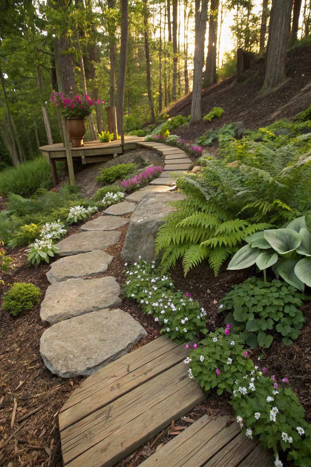 A winding garden path of large irregular stepping stones and weathered wooden planks on a wooded slope, bordered by dense ferns, hostas, astilbe, and small white flowers with several large boulders integrated into the mulched flower beds.