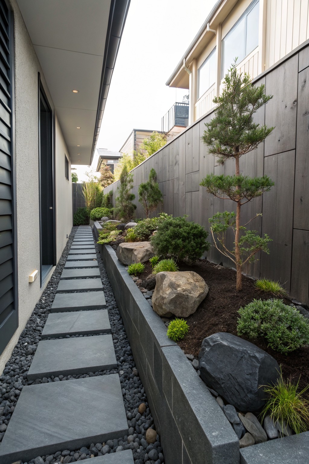 Narrow outdoor side path with dark rectangular stone pavers separated by black gravel, bordered by a low raised black stone wall holding boulders, evergreen shrubs, small pine trees, and grasses against a light house wall and dark vertical wood fence.
