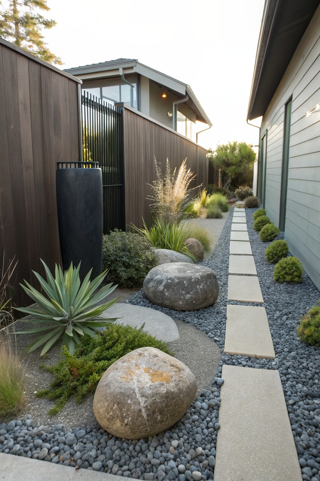 Narrow side yard pathway with large rounded boulders, black gravel mulch, concrete stepping stones, agave plants, ornamental grasses, and shrubs between a wooden fence and light-colored house wall.
