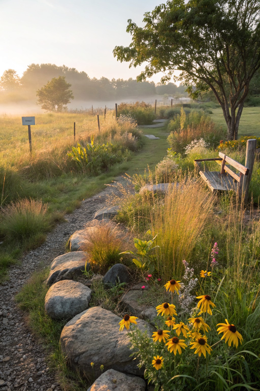 A gravel path winds through a garden edged by large boulders, with yellow black-eyed Susans, pink flowers, tall grasses, and a wooden bench nearby in morning mist.