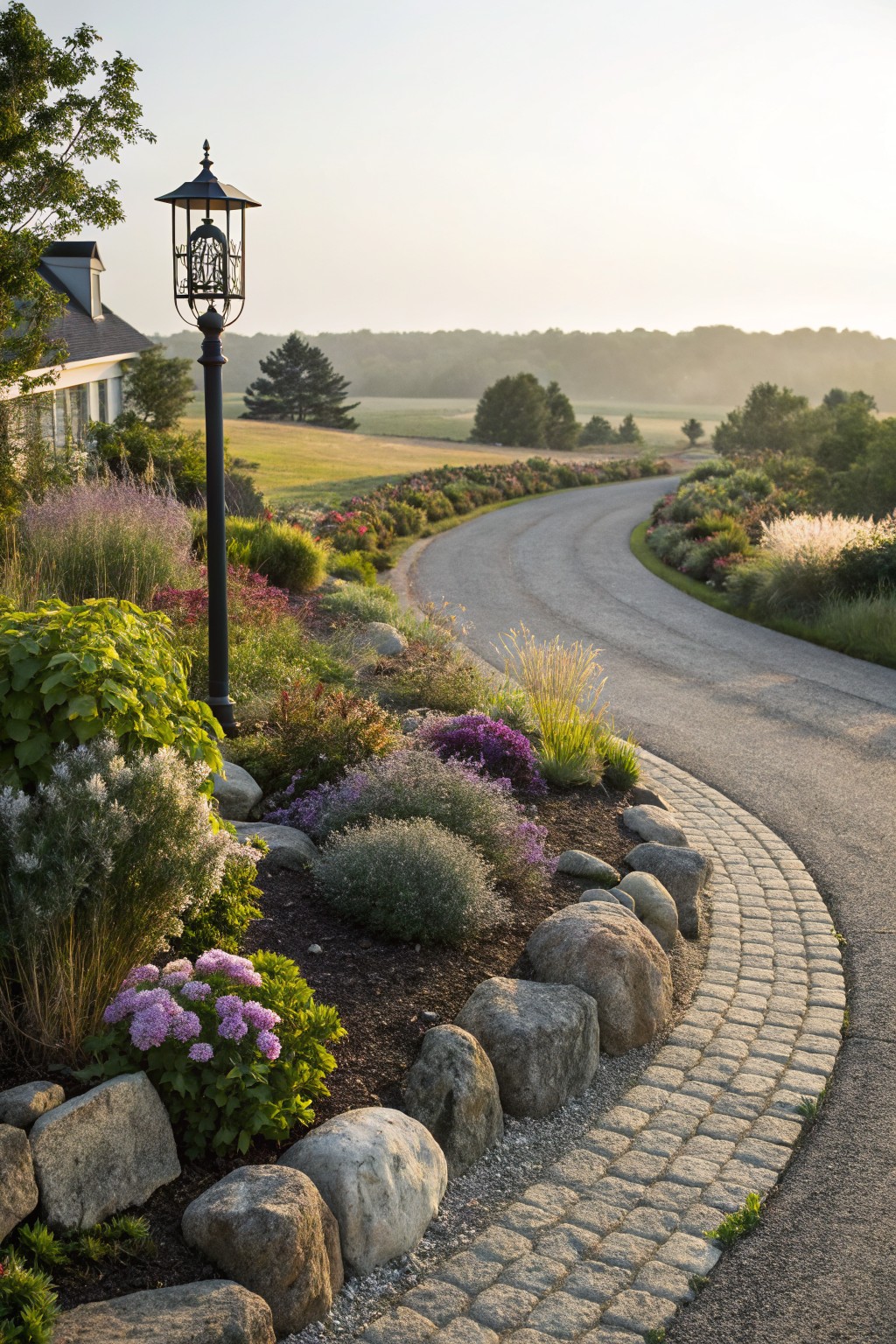 Curved asphalt driveway bordered by flower beds with large gray boulders, colorful perennials, ornamental grasses, shrubs, and hydrangeas, next to a black metal lamp post and a white house in a rural setting at dawn.