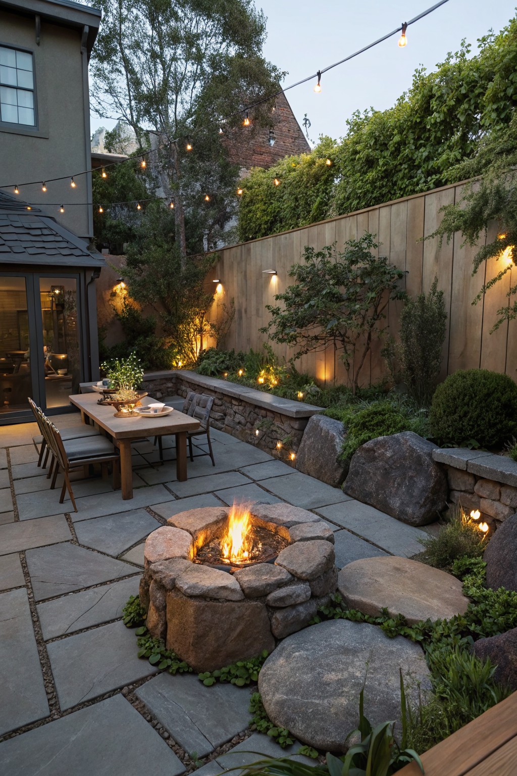 Backyard patio with gray stone paver flooring, central stone fire pit, wooden dining table and chairs, surrounded by landscaping with large boulders integrated into flower beds and stone retaining walls, plants, and overhead string lights.