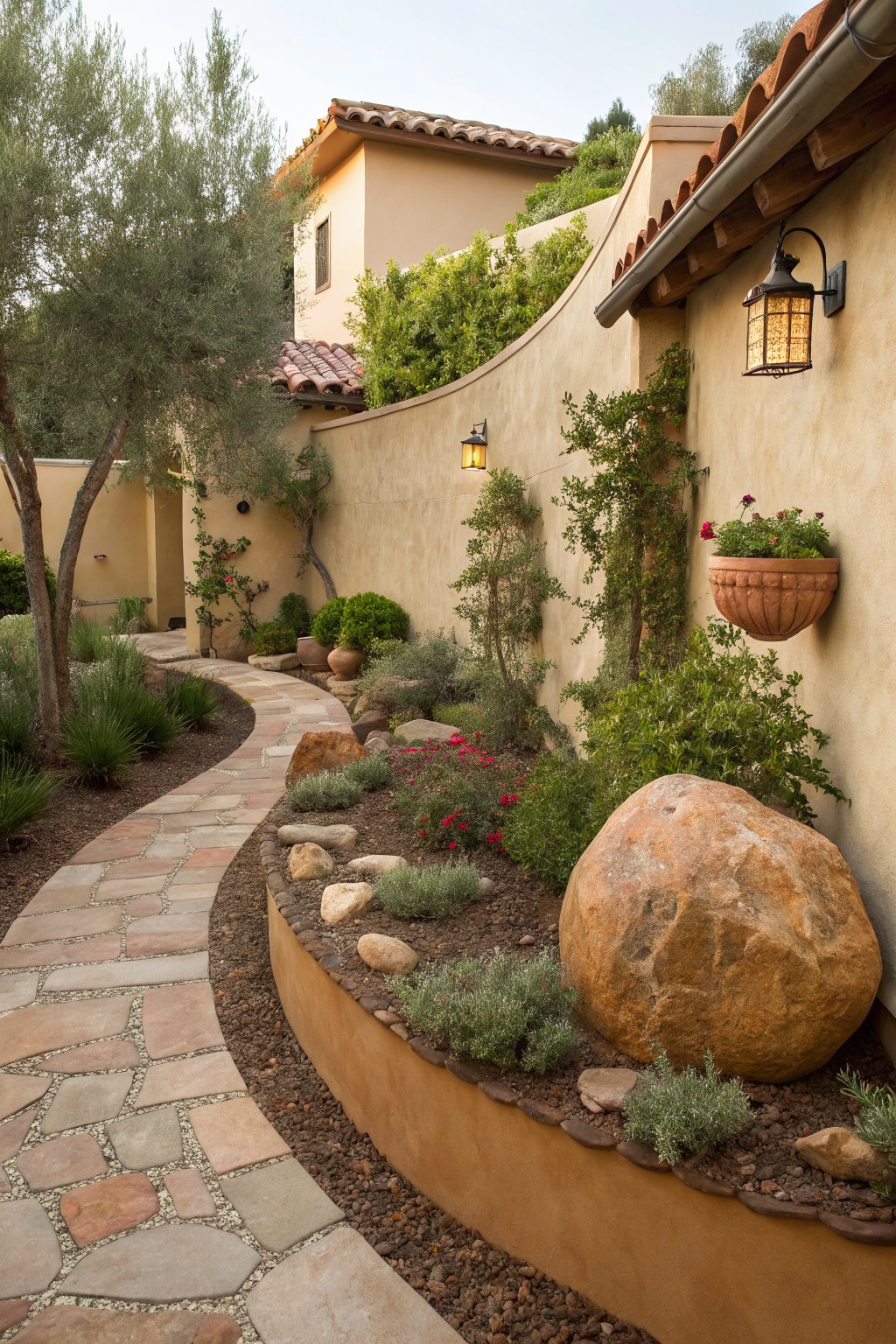 A winding flagstone path borders a curved raised tan stucco bed containing large boulders, small rocks, drought-tolerant shrubs, and flowers, next to a beige curved wall with lanterns and a hanging planter, olive trees, and a Spanish-style house in the background.