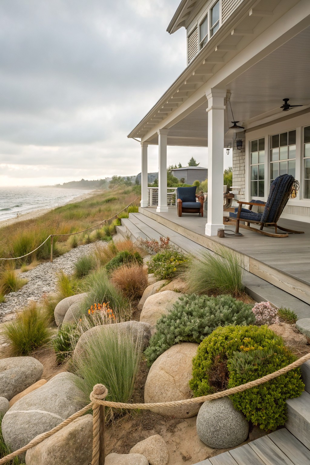 White shingled house with wraparound porch and deck overlooking ocean beach, edged by sloped landscaping of large boulders, grasses, shrubs, rope barriers, and stone steps.