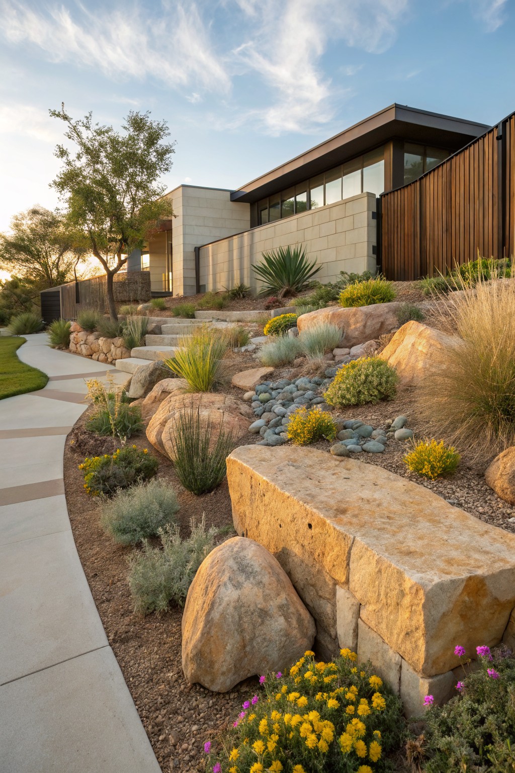 Sloped landscaping beside a modern house featuring large tan boulders integrated into gravel flower beds with drought-tolerant grasses, agave plants, yellow flowers, and a curving concrete path with stone steps.