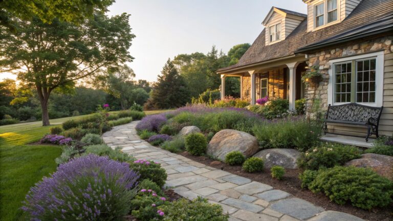 Winding flagstone path edged with lavender plants, large rounded boulders, hydrangeas, and shrubs leading to a stone house exterior at sunset with wooded hills in the background.