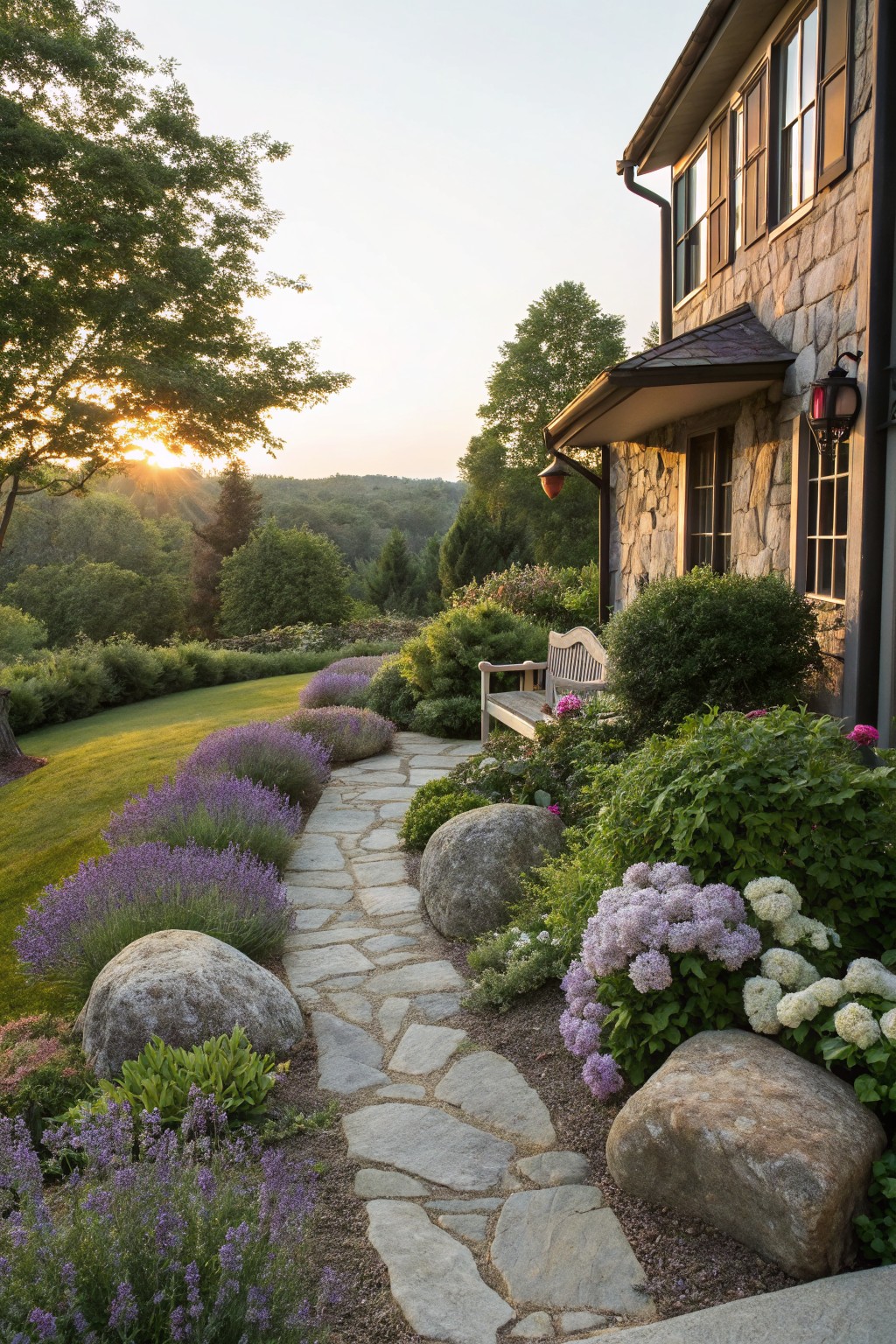 Winding flagstone path edged with lavender plants, large rounded boulders, hydrangeas, and shrubs leading to a stone house exterior at sunset with wooded hills in the background.