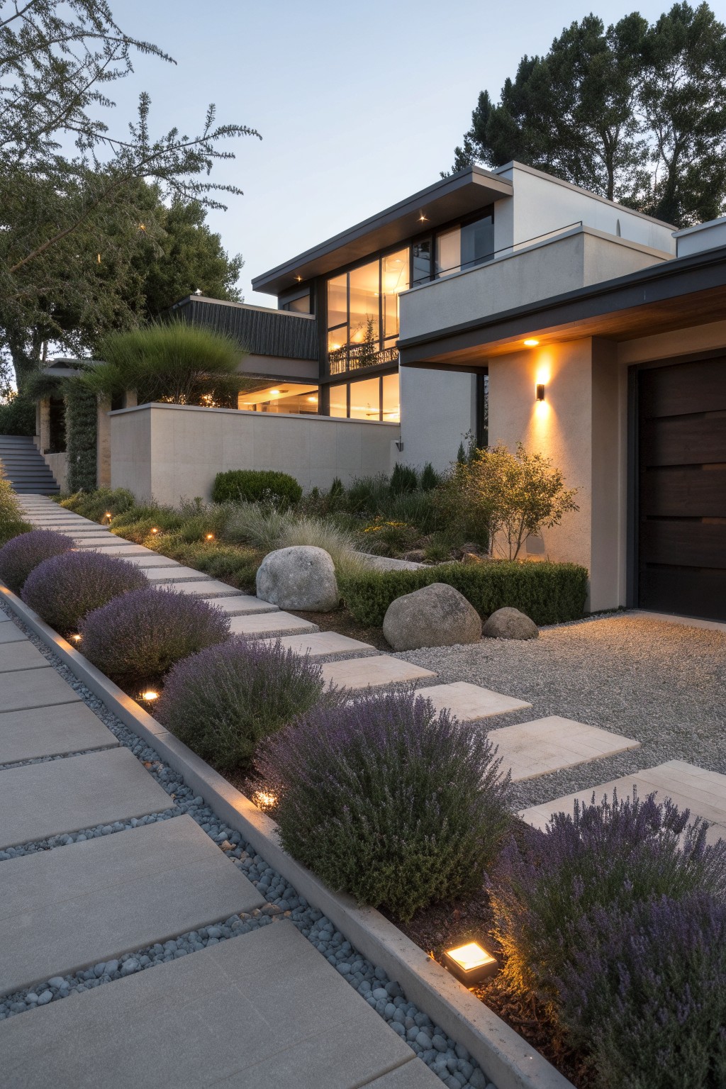 Contemporary house exterior at dusk with a concrete pathway edged by lavender shrubs, large rounded boulders, gravel areas, stepping stones, and low-voltage lighting leading to a garage door.