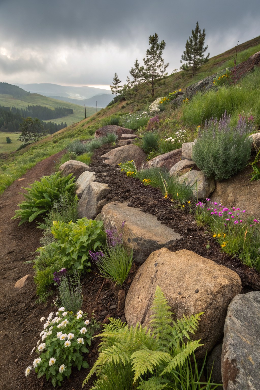 A winding dirt path edged and stepped with large natural boulders integrated into colorful flower beds with pink, purple, yellow, and white flowers, green ferns, grasses, and shrubs on a grassy hillside under a cloudy sky with pine trees and distant mountains in the background.
