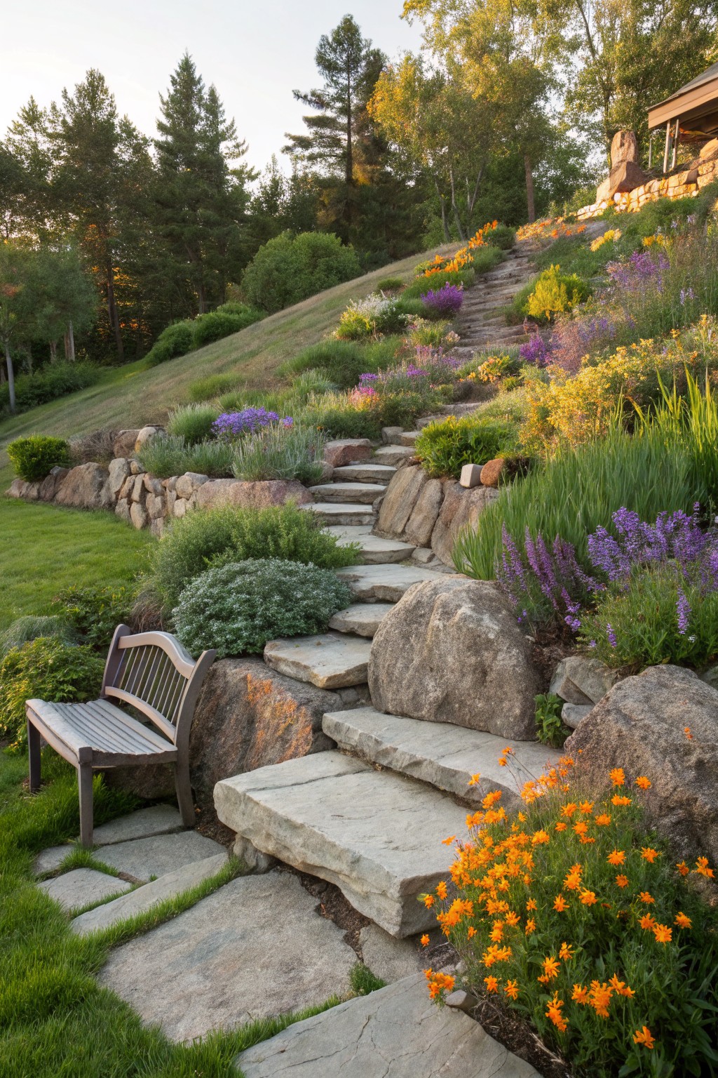 Winding flagstone steps retained by large boulders on a grassy hillside, surrounded by colorful flower beds with purple lavender, orange flowers, green shrubs, and a wooden bench at the bottom near a lawn.