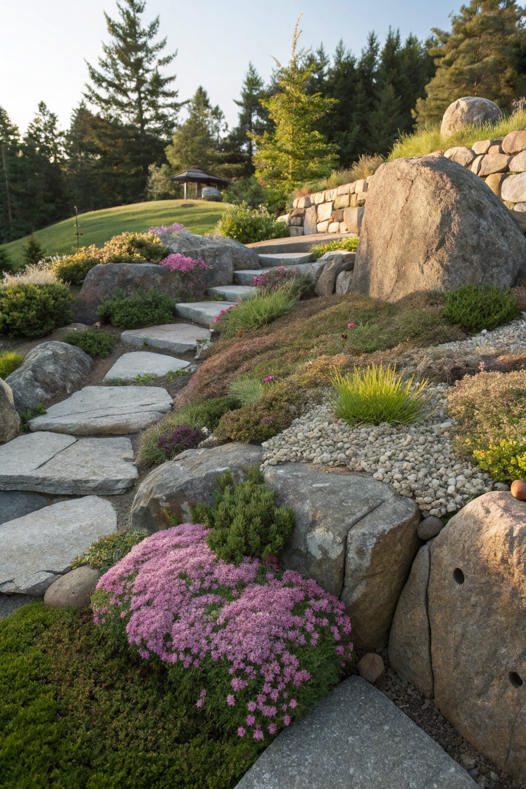 Winding irregular flagstone steps ascend a sloped hillside garden surrounded by large boulders, low pink flowering sedum, grasses, moss, and a stone retaining wall with trees in the background.