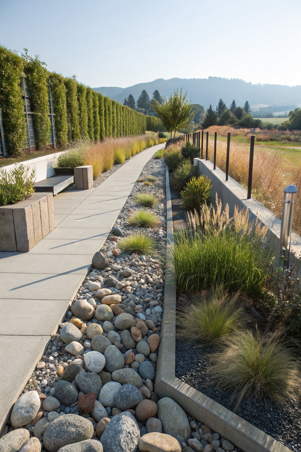 A concrete walkway edged by a linear bed of smooth river rocks mixed with ornamental grasses, including wooden benches, metal railings, and tall hedges against a backdrop of hills and fields.