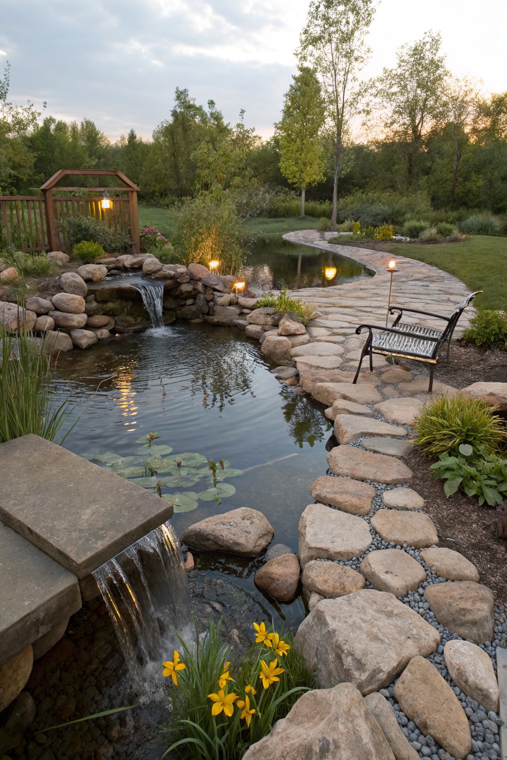 Curved stepping stone path edged with river rocks leading around a backyard pond with waterfall, boulders, plants, and lanterns at dusk.