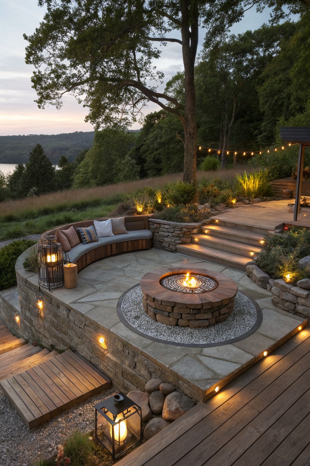 Outdoor stone terrace with central circular fire pit surrounded by gray pebbles, curved wooden bench seating, stone retaining walls, lit steps, lanterns, plants, and view of trees and lake at dusk.