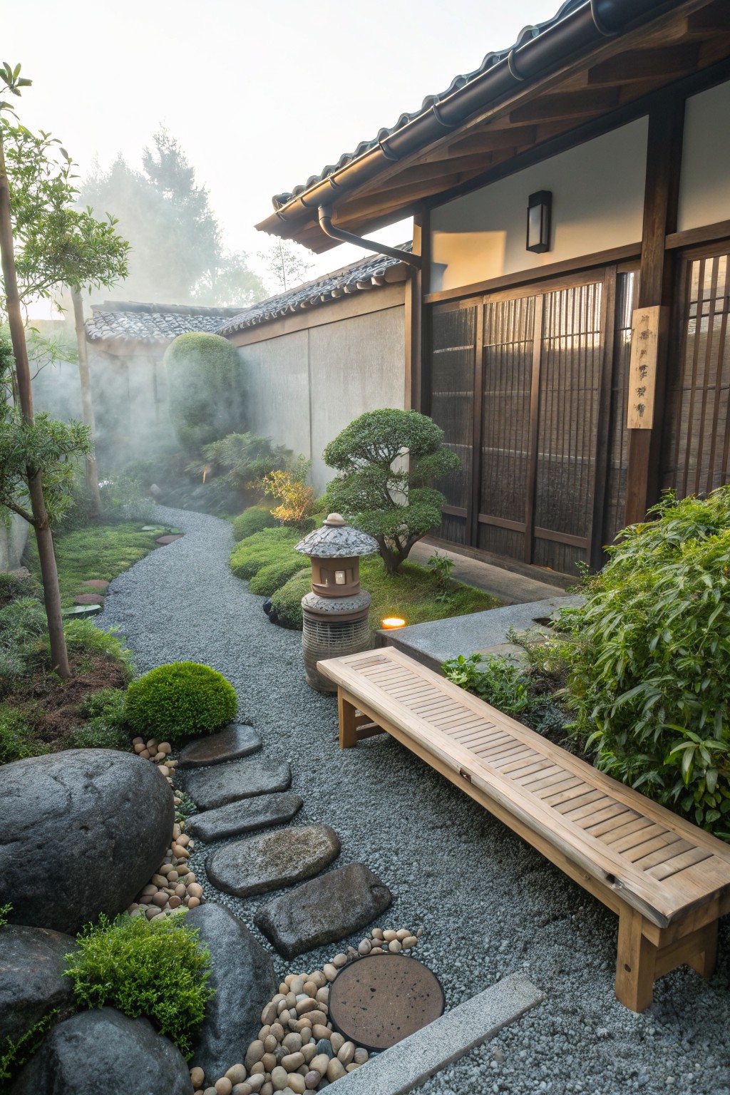 A winding garden path of irregular stepping stones and gravel bordered by large rocks, small river pebbles, bonsai trees, stone lanterns, and lush greenery leading to a traditional Japanese-style house in morning mist.
