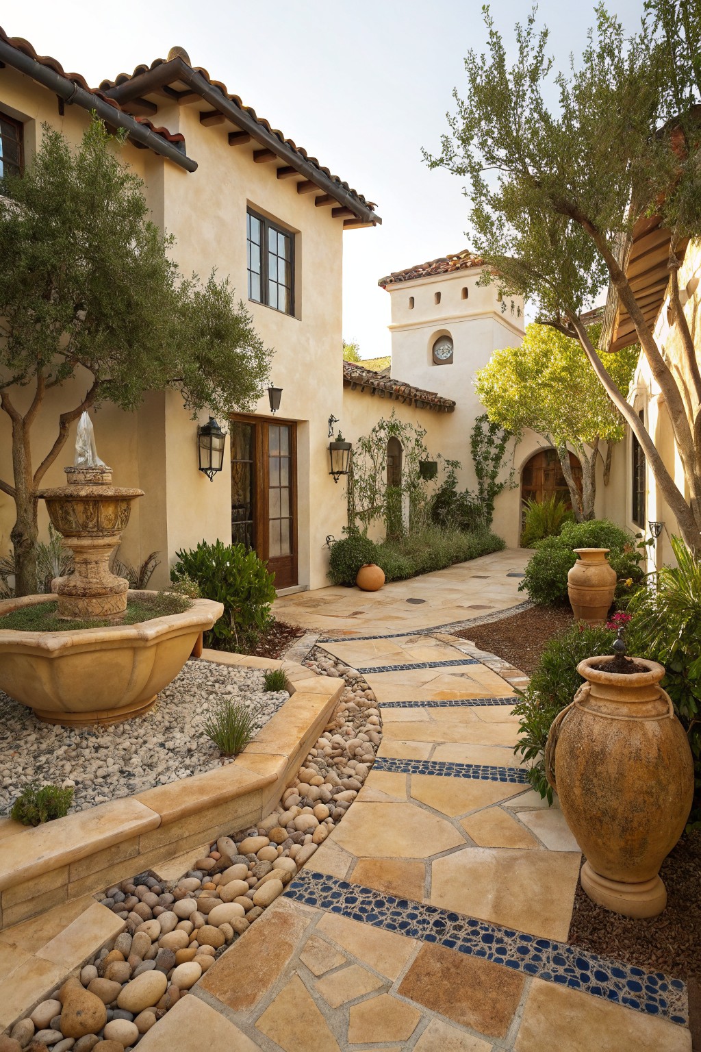 Courtyard garden with stucco walls, red tile roofs, central stone fountain, winding beige flagstone path bordered by river rocks and blue tile inserts, olive trees, shrubs, and large terracotta pots.
