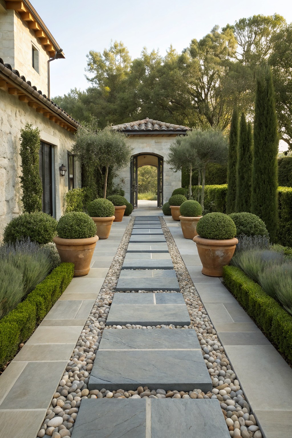 Landscaped stone pathway with large gray slabs set into light river rock gravel, flanked by terracotta pots of topiary boxwoods and lavender, boxwood hedges, and tall cypresses, leading through an arched entry to a stucco house.
