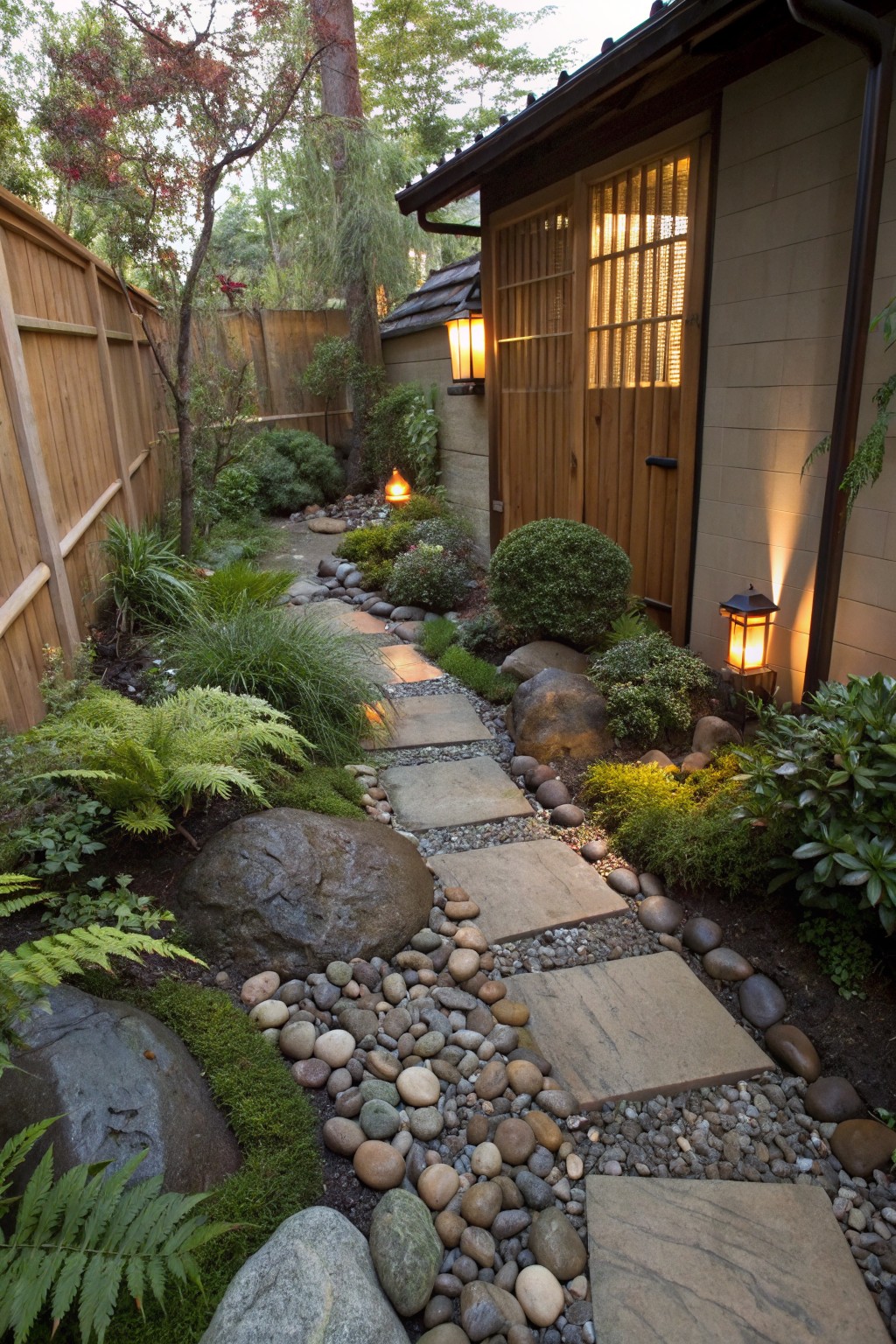 Narrow outdoor path of square stone pavers with river rocks filling the gaps between them, surrounded by ferns, moss, boulders, shrubs, and lanterns beside a wooden building with shoji screens.
