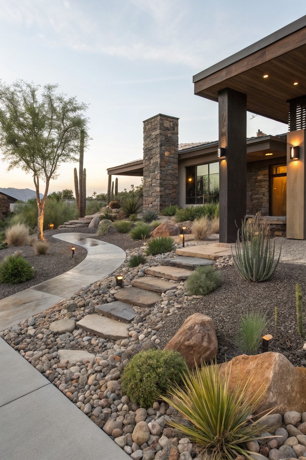 Curved concrete walkway edged with river rocks, boulders, agave plants, and stone steps leading to a modern stone and wood house entrance in a desert landscape.