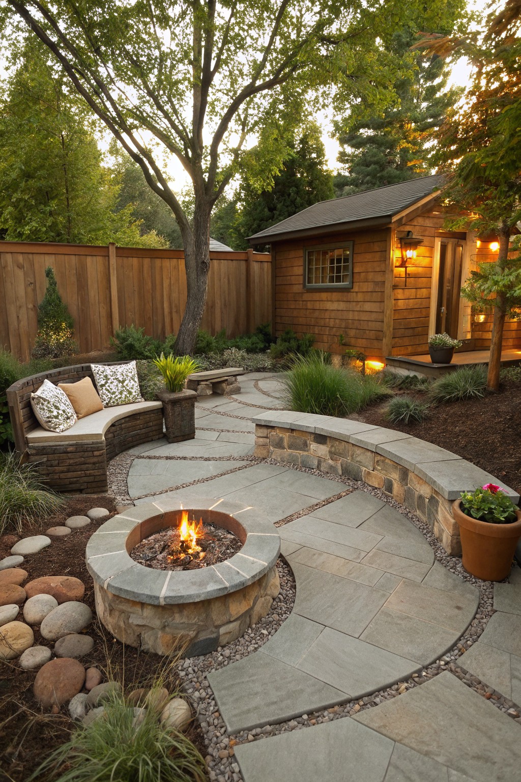 Curved gray flagstone pathway edged with river rocks leading to a stone fire pit in a backyard, surrounded by plants, mulch, a built-in bench seat, and a wooden shed against a wooden fence.
