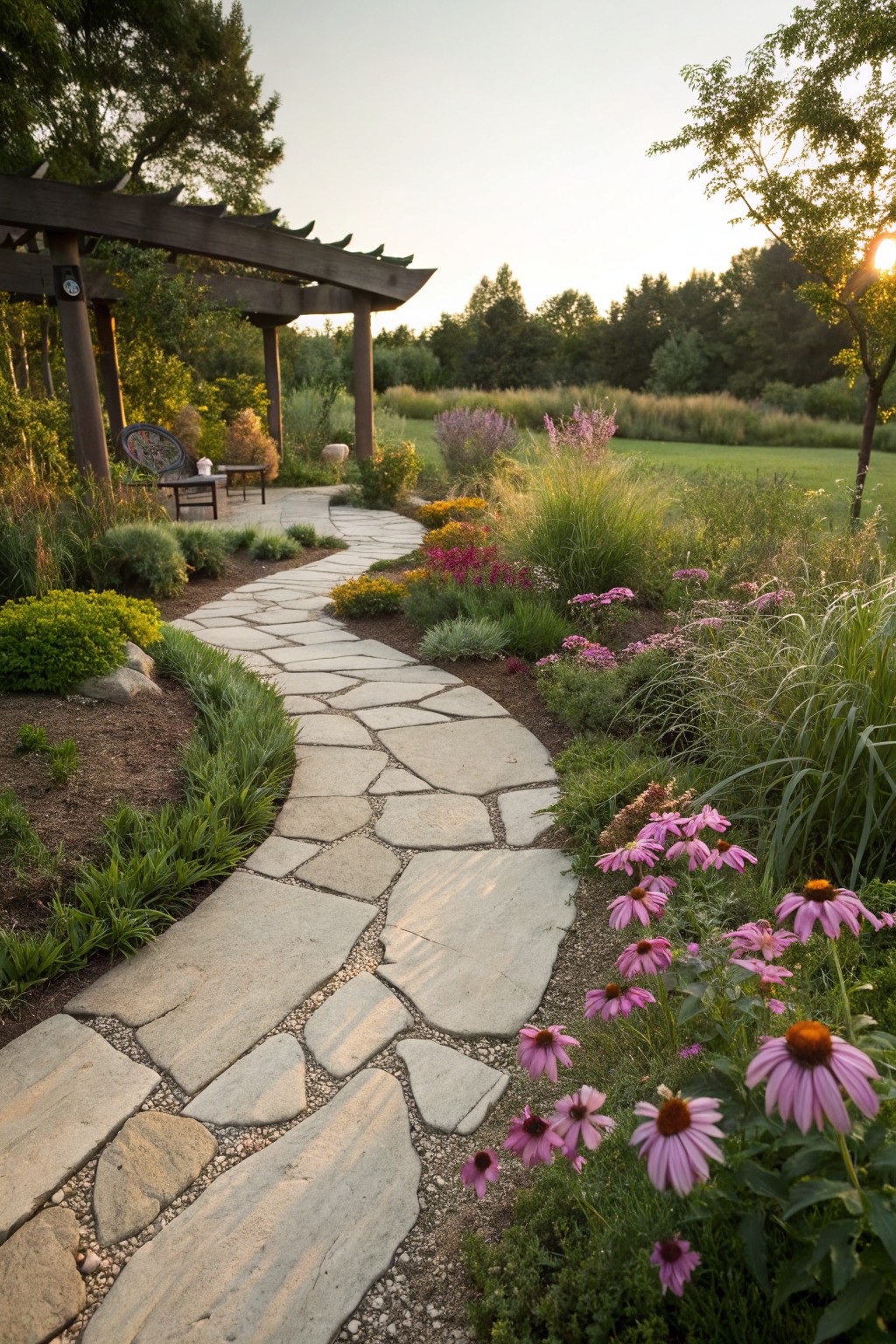 Winding irregular flagstone path edged with gravel and bordered by pink coneflowers, ornamental grasses, shrubs, and perennials, leading toward a wooden pergola with hanging chair and side table in a garden at sunset.