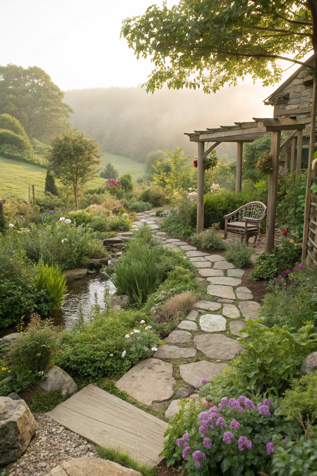 Winding flagstone path through lush garden plantings beside a small rock-lined stream, with a wooden bench under a pergola near a stone cottage and misty green valley background.