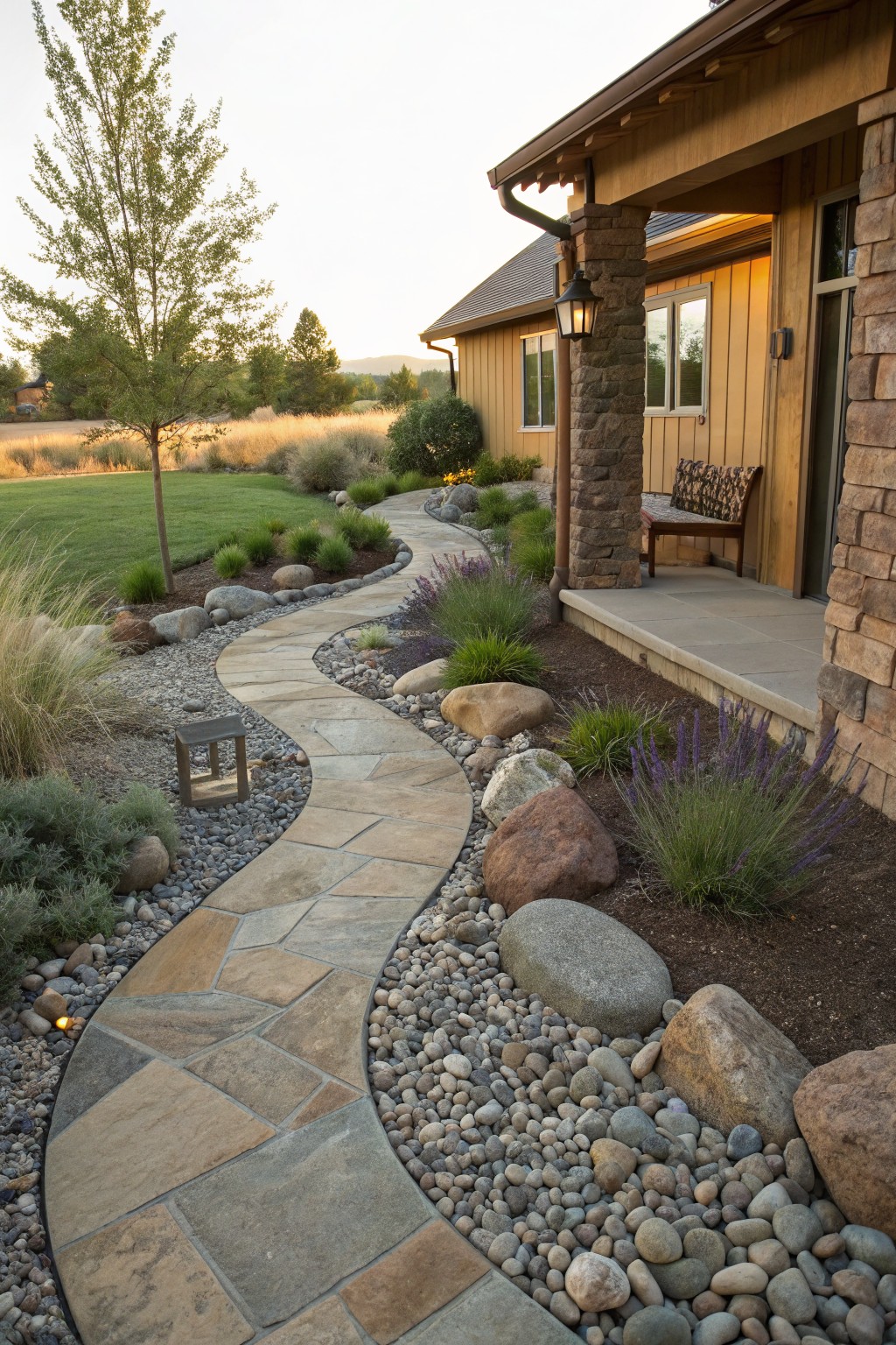 A curving flagstone pathway edged with river rocks and boulders winds through a landscaped yard with grasses and lavender toward a house porch.