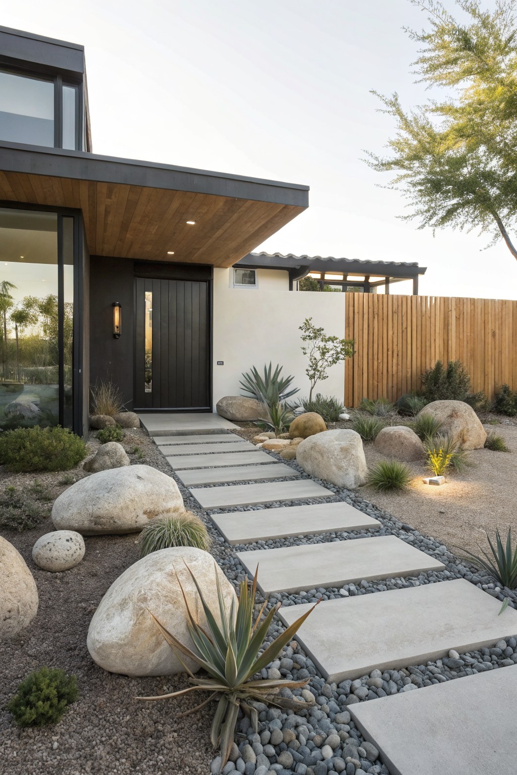 Modern house front entrance with a pathway of rectangular concrete pavers set into gravel and bordered by large white boulders and agave plants.