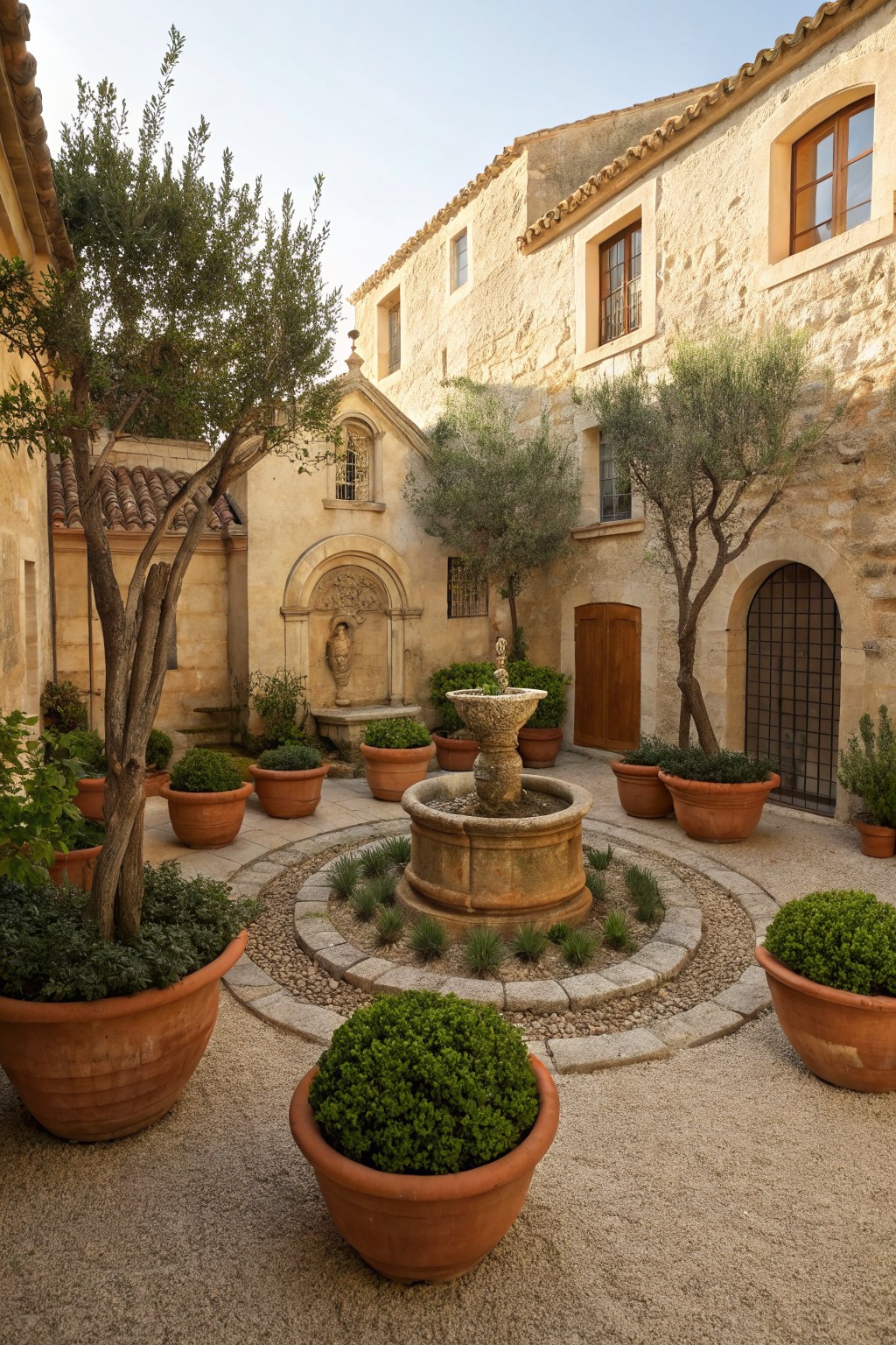 Stone courtyard with central fountain surrounded by circular gravel path edged in grasses, large terracotta pots holding olive trees and shrubs, stone walls, arched doorways, and potted plants.