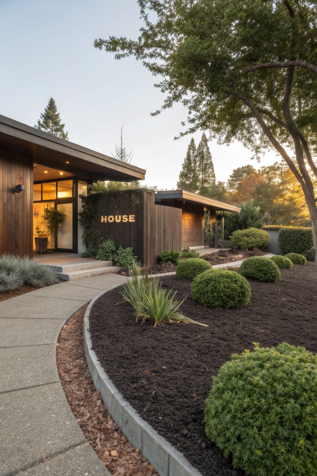 Modern house exterior with wooden panels and glass entry door, featuring a curved concrete pathway bordered by dark mulch beds, green shrubs, and agave plants in the evening light.