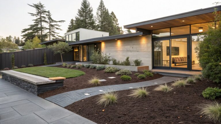 Modern house exterior with wooden panels and glass entry door, featuring a curved concrete pathway bordered by dark mulch beds, green shrubs, and agave plants in the evening light.