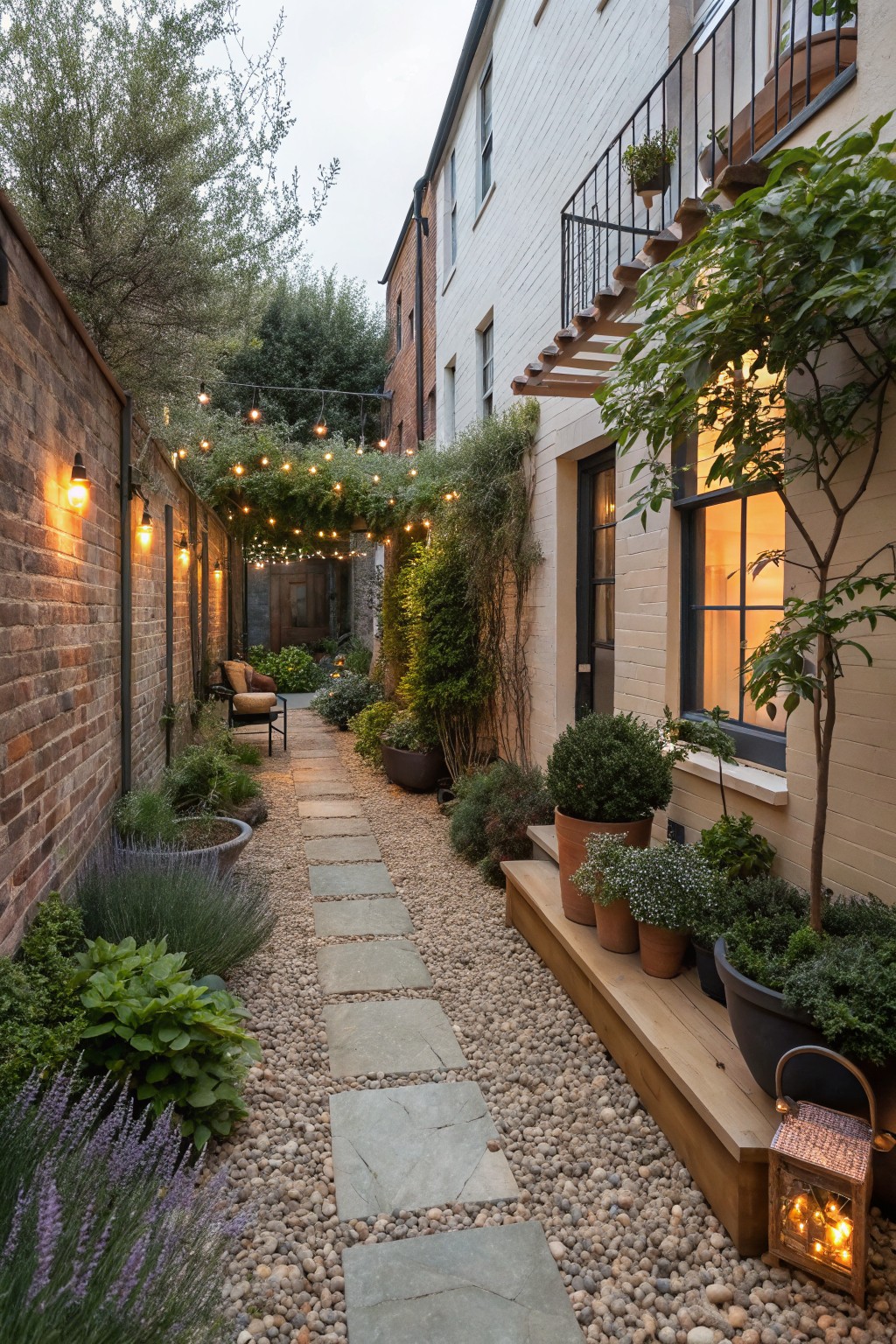 Narrow outdoor pathway with irregular gray stone pavers set into light-colored gravel, edged by lavender plants and terracotta pots, with string lights overhead and lanterns along brick walls beside a house exterior.