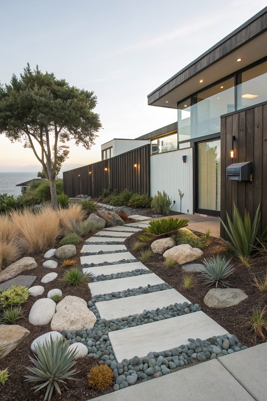 Modern wood-clad house with a pathway of large rectangular concrete pavers set in dark gravel borders amid boulders, succulents, grasses, and mulch beds leading to the entry door, with ocean view in background at dusk.