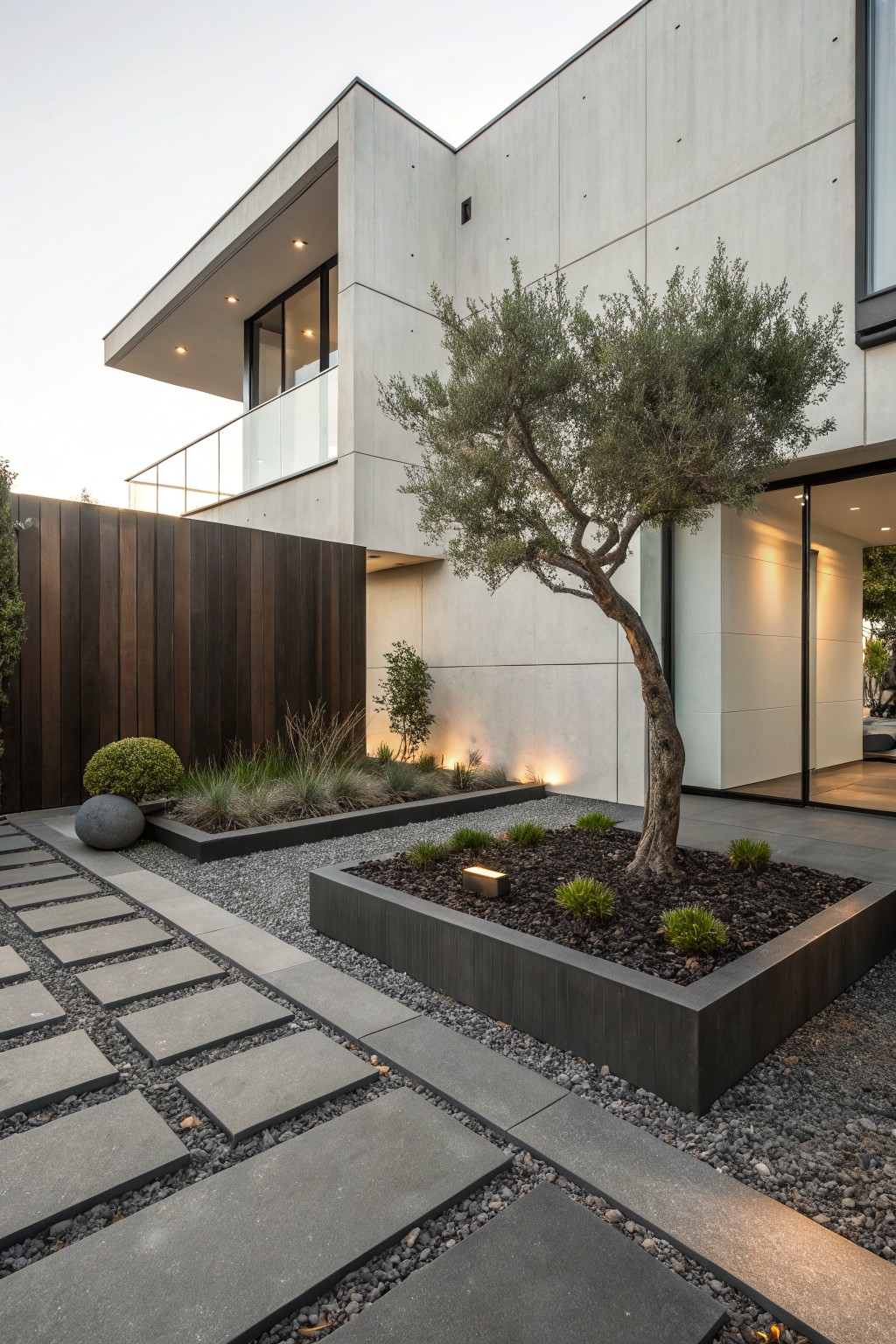 Modern white concrete house with balcony and glass entry, fronted by a dark gravel yard with large rectangular gray stone pavers forming a path, raised black-edged mulch planters with small grasses and shrubs, a round boulder, and an olive tree.