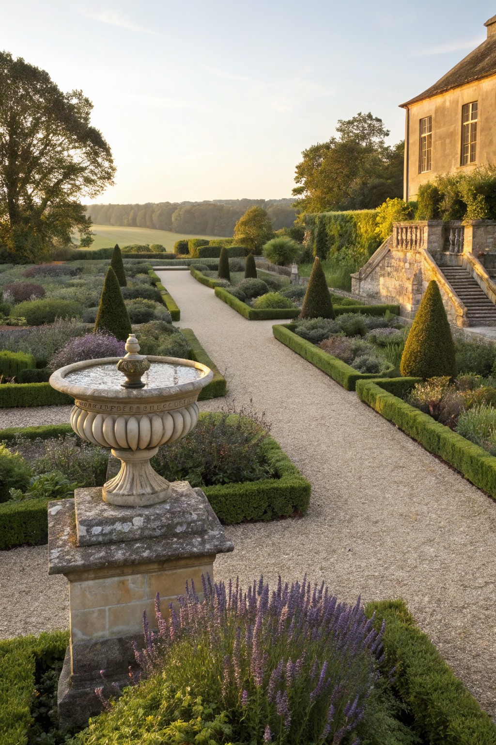 Formal parterre garden with central stone fountain on a pedestal, gravel pathway bordered by boxwood hedges, lavender, and perennials, leading to stone steps and a beige stone house at sunset.
