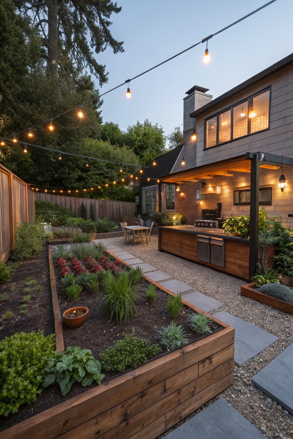 Backyard at dusk with covered outdoor kitchen, wooden raised garden beds filled with plants and mulch, wide gravel pathways inset with rectangular stone pavers, string lights overhead, and adjacent house exterior.