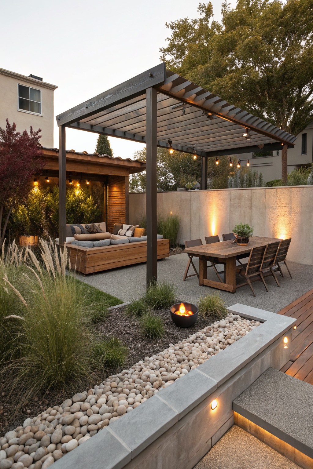 Backyard patio with black metal pergola over lounge seating and wooden dining table on concrete pavers, fire bowl in white pebble bed edged by concrete, ornamental grasses, and adjacent wood deck.