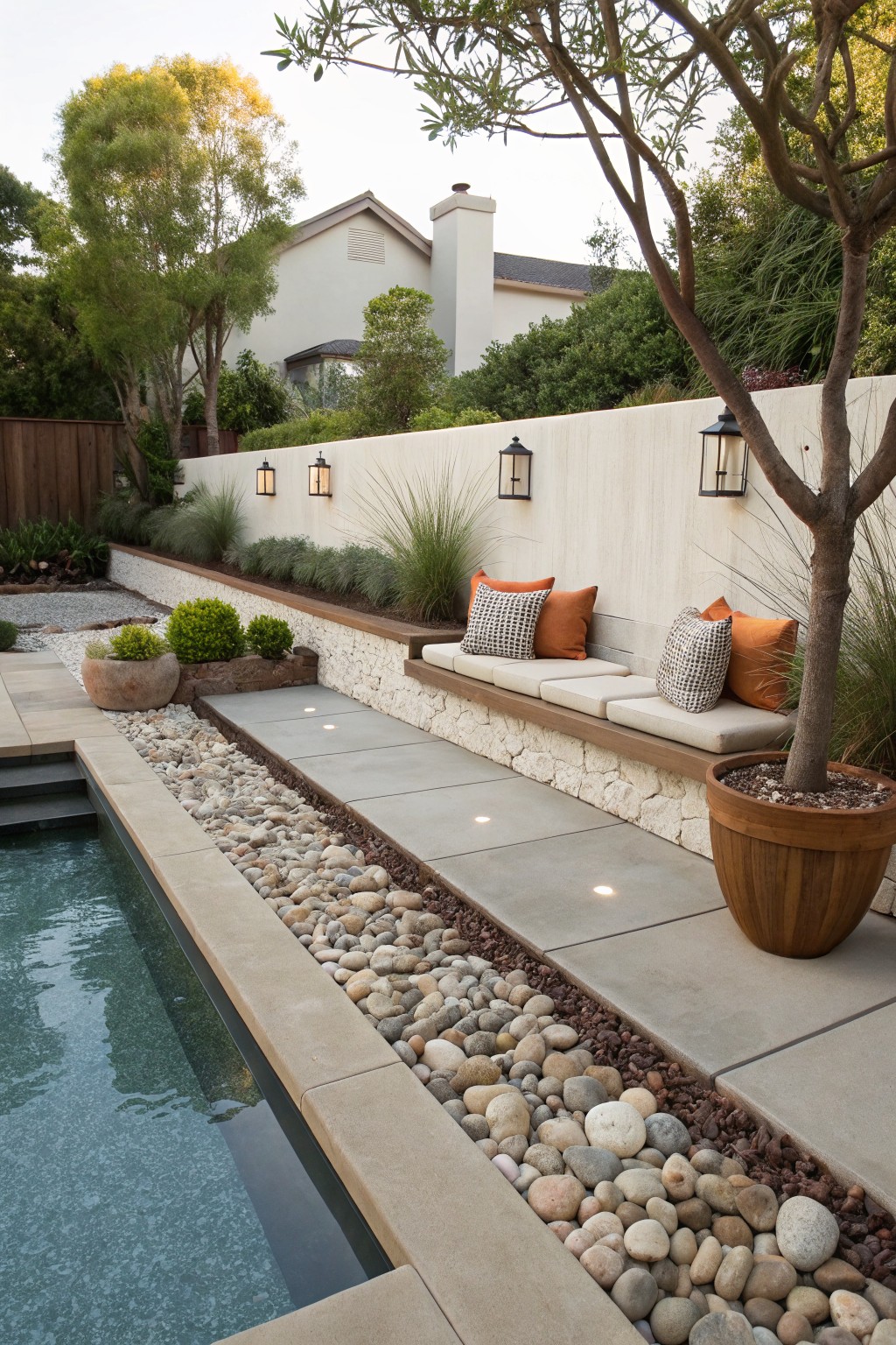 Poolside concrete path edged with light-colored river rocks and pebbles, next to a built-in cushioned bench on a white stucco retaining wall, potted olive tree, grasses, and distant house with lanterns on the wall.