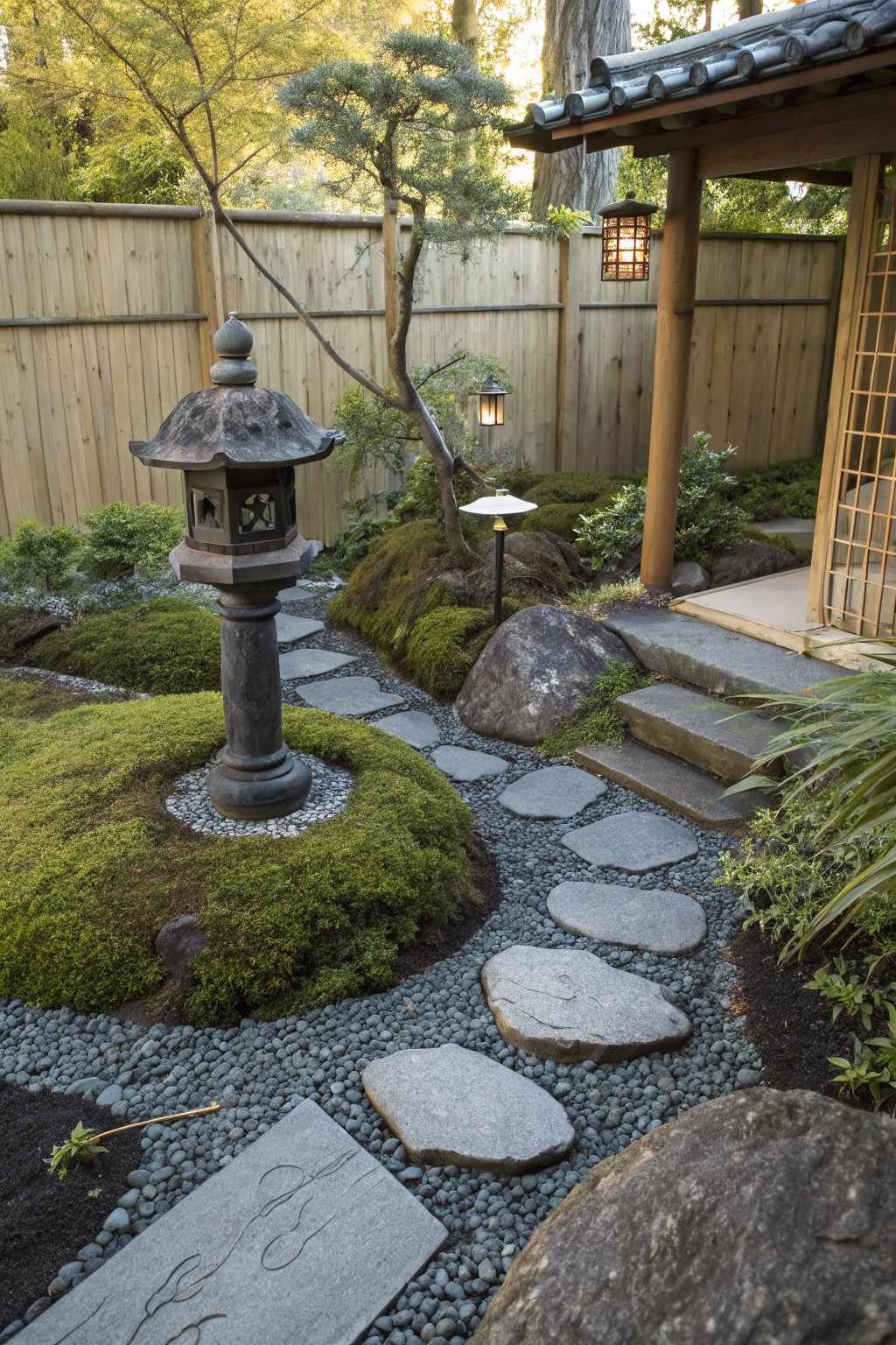 Japanese-style garden with a tall stone lantern on a moss mound, irregular gray stepping stones set in gravel paths, large rocks, moss patches, small trees, and wooden steps leading to a shingled house structure.