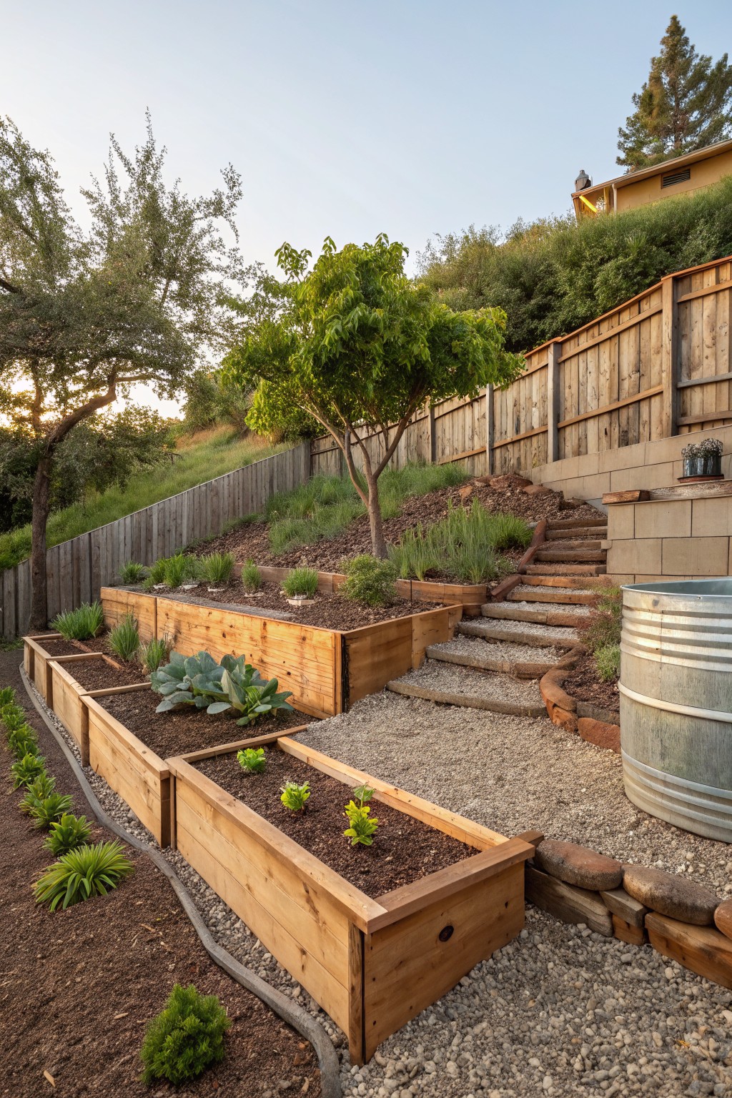 Sloped backyard with multiple wooden raised garden beds planted with vegetables and herbs, gravel paths, stone steps, a metal tub, plants, trees, wooden fence, and house in the background.