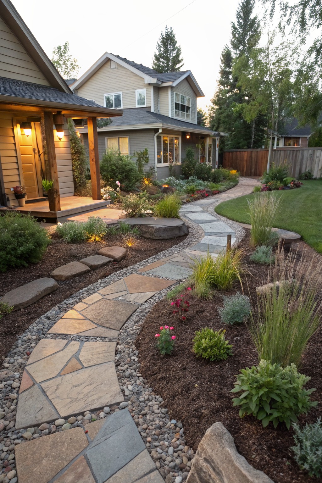 Front yard with a curving flagstone path winding through mulch and gravel beds planted with ornamental grasses, perennials, and shrubs, leading to a house porch in evening light.