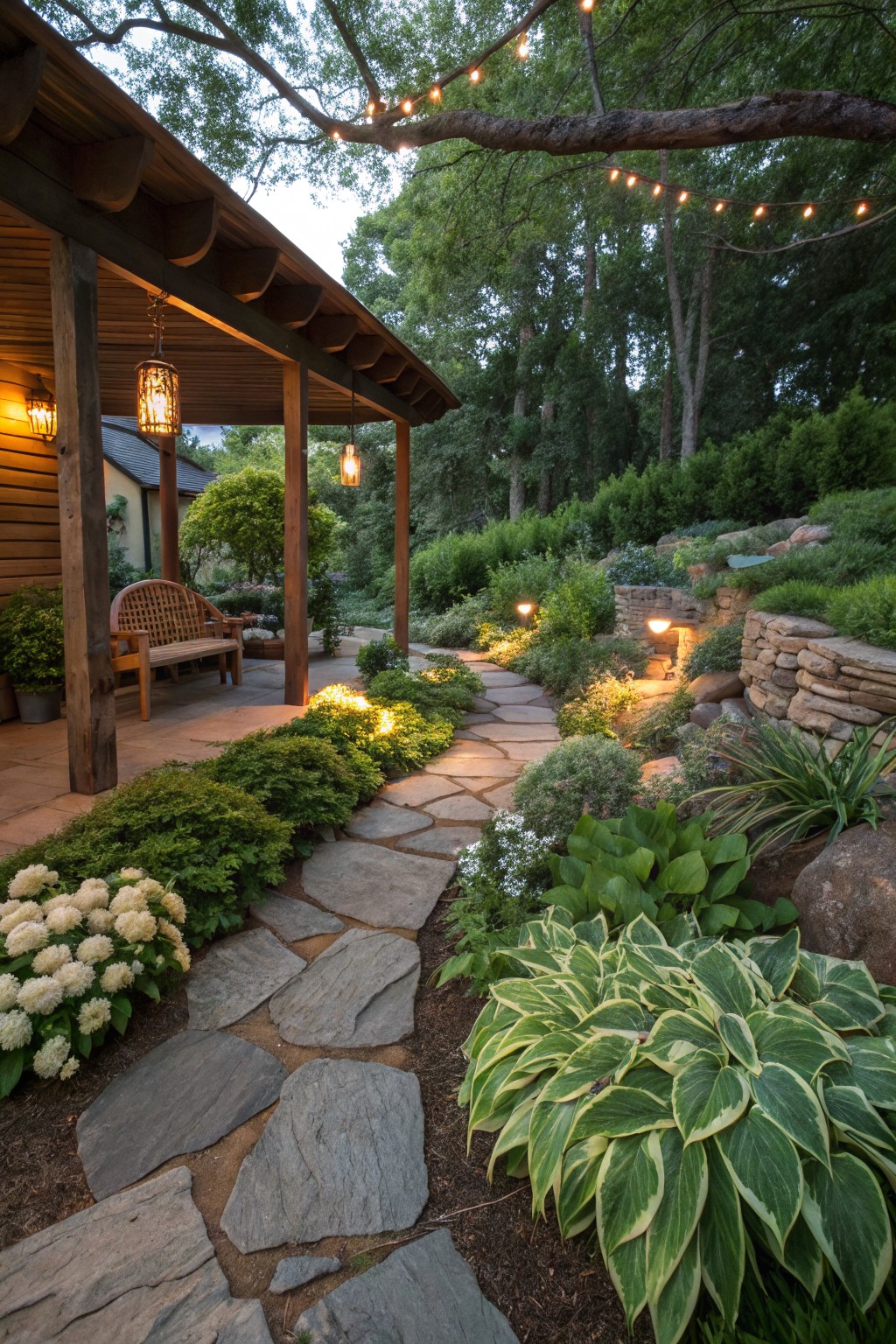 Wooden porch with curved bench and hanging lanterns overlooking a winding flagstone path through garden beds with hostas, hydrangeas, shrubs, rock walls, and path lights.