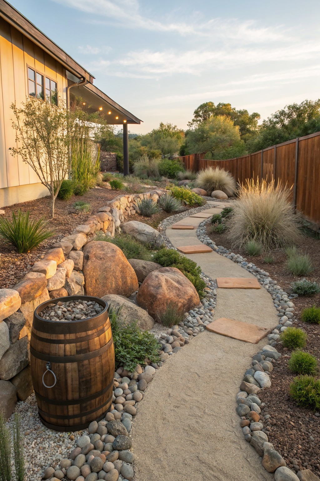 Winding gravel pathway with terracotta stepping stones edged in pebbles and large boulders, stone retaining walls, drought-tolerant plants, and a wooden barrel fire pit next to the side of a wooden house in a backyard at sunset.