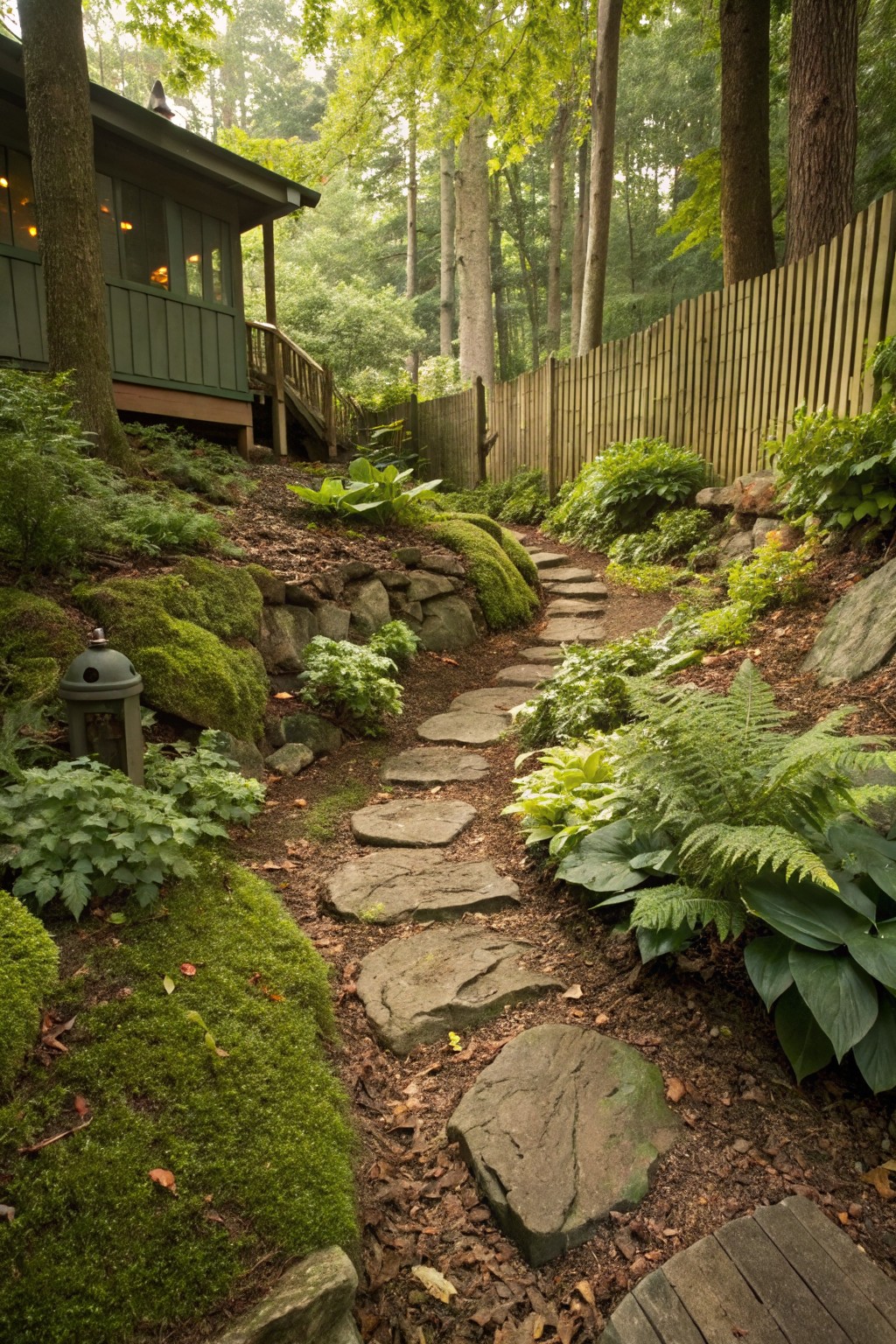 Winding path of irregular gray stone steps through a lush garden of green ferns, hostas, moss-covered rocks, and mulch beside a small green wooden cabin in a forested area.