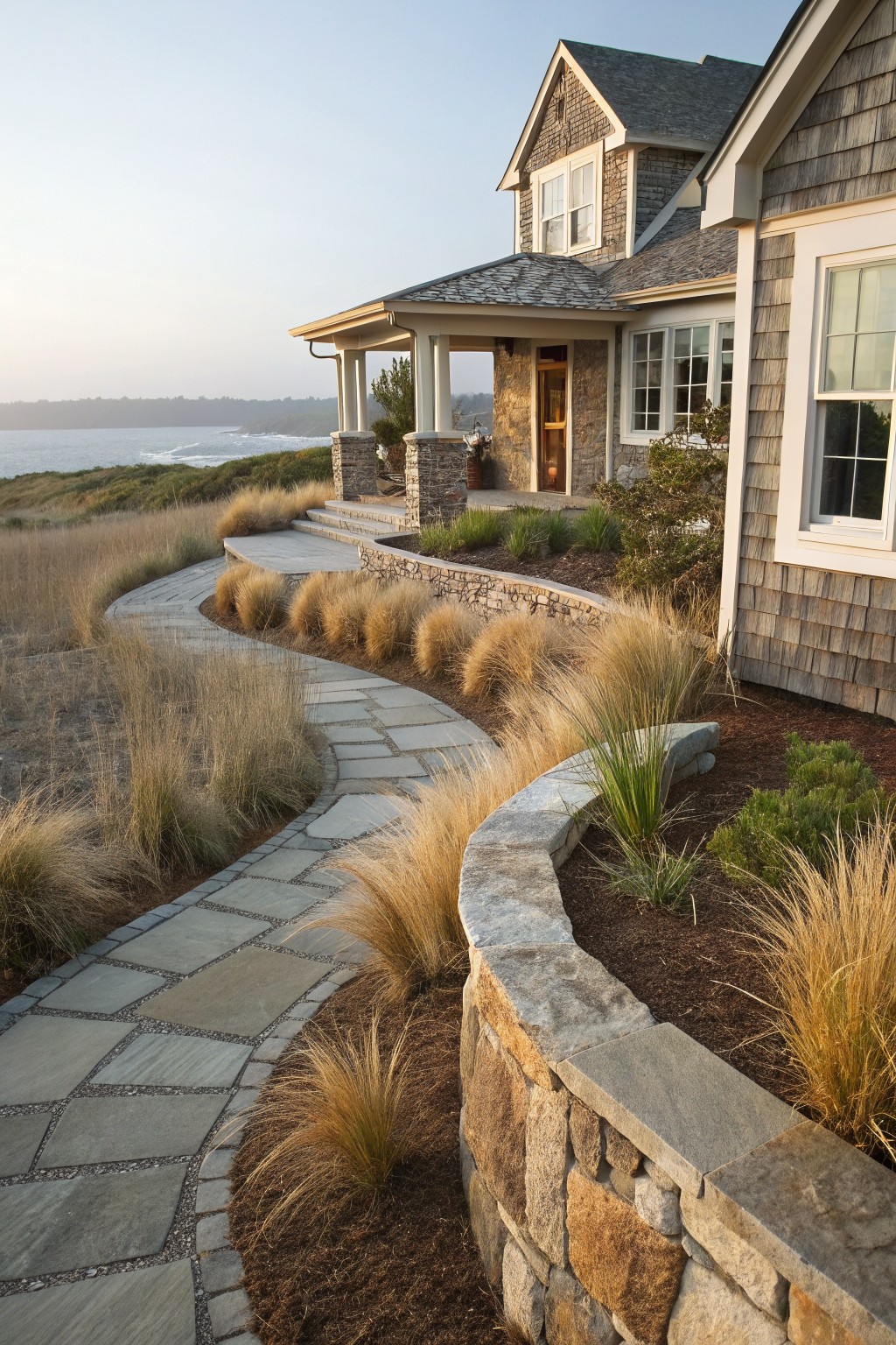 Curved flagstone pathway winding through tall ornamental grasses in mulch beds toward a shingled house, bordered by a low stone wall and sand dunes near the ocean.