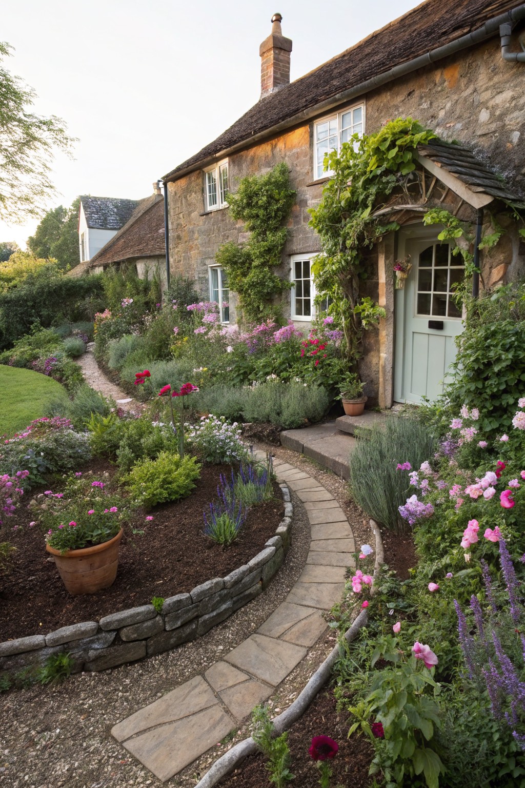 Stone cottage house with climbing vines and a light green door, fronted by a curved stone slab pathway edged with low rock walls and mulched flower beds containing pink roses, lavender, and other perennials.