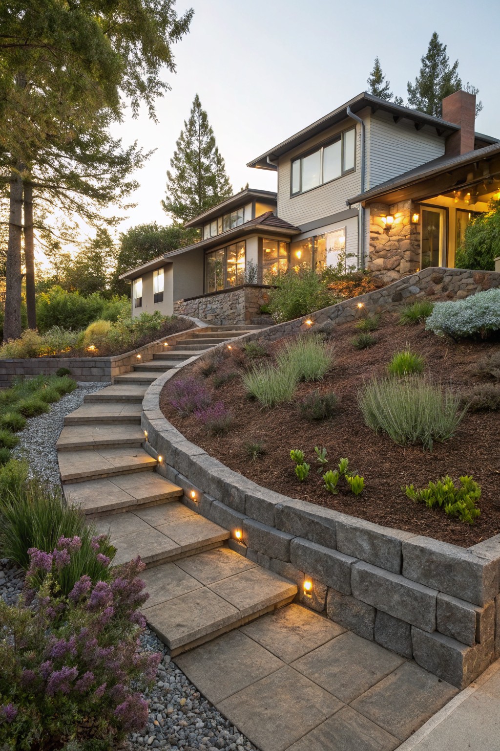 Curved stone steps winding up a hillside beside a modern wood-sided house, bordered by rock retaining walls, mulch beds, gravel paths, grasses, and shrubs with integrated low-voltage lights.