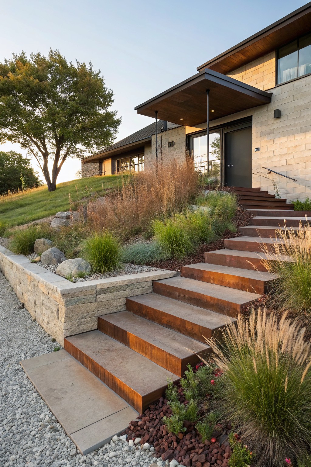 Modern house entrance on a grassy slope featuring wide corten steel stairs, stone retaining wall with boulders, ornamental grasses, gravel path, and plants at the base.